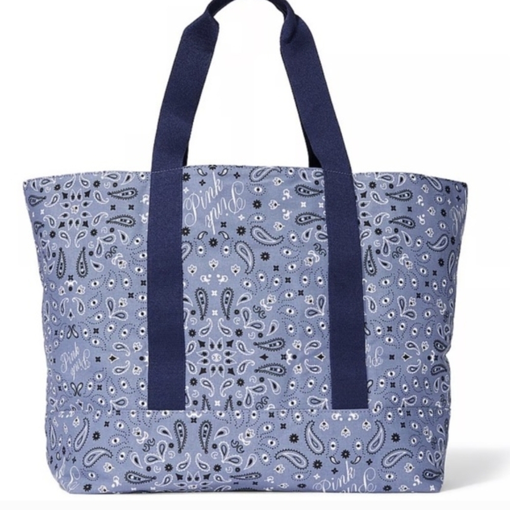 Victoria's Secret Reversible Canvas Tote Bag, Blue Floral, New